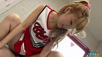 A fair-haired Asian cheerleader is discovered engaging in self-stimulation inside the locker room and subsequently receives an internal ejaculation